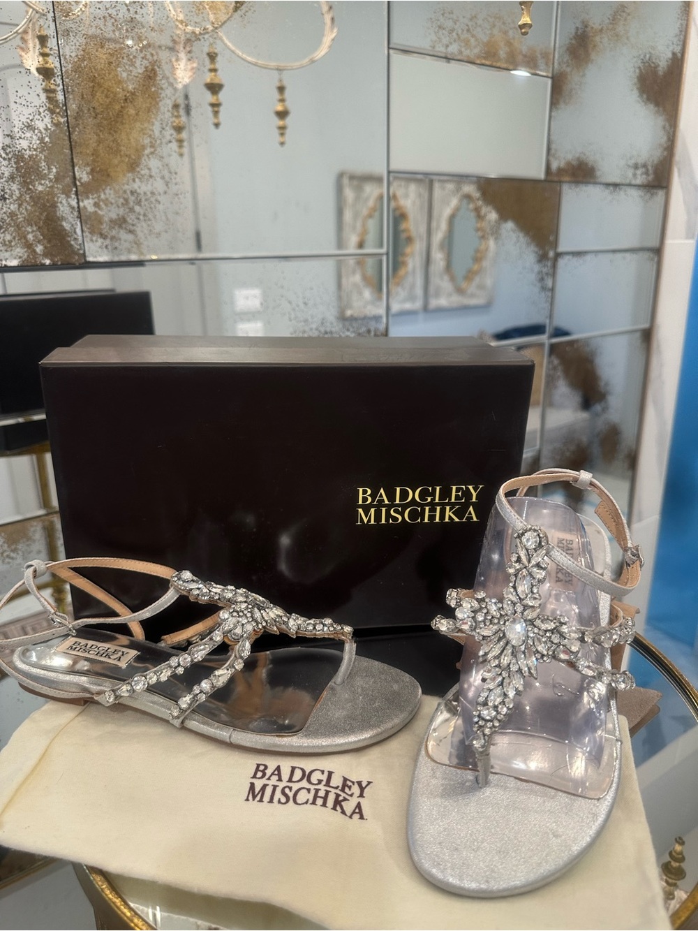 Badgley Mischka Silver Crystal T-Strap Flat Sandals